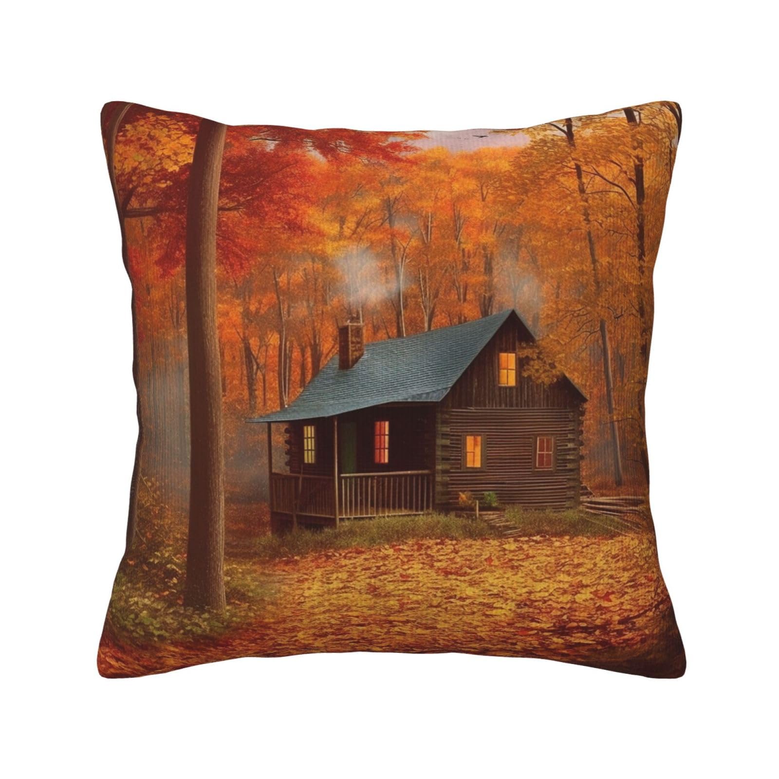 Housse de coussin en velours côtelé haut de gamme motif cabane d'automne