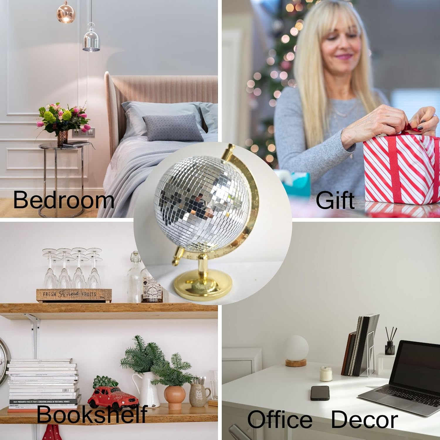 Disco Ball Globe Home Decor Statues Classic Tabletop Art Sculpture Gold Discoball Unique Western Modern Decorative Aesthetic Sculptures, 6.5" x 6" x 9",Bright Gold