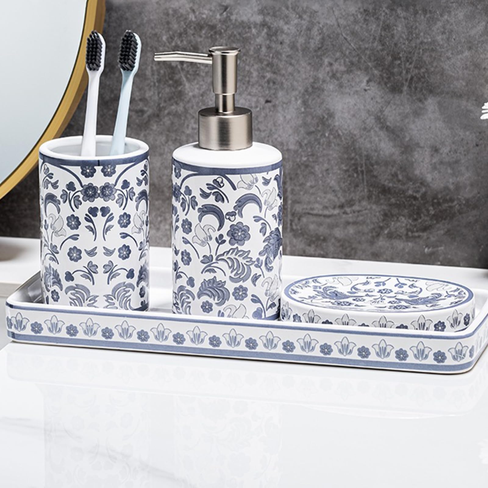 Lot De 4 Accessoires De Salle De Bain en Céramique, Distributeur De Lotion, Porte-Brosse À Dents, Boîte À Savon en Céramique avec Plateau, Décoration De Bain Moderne (A)