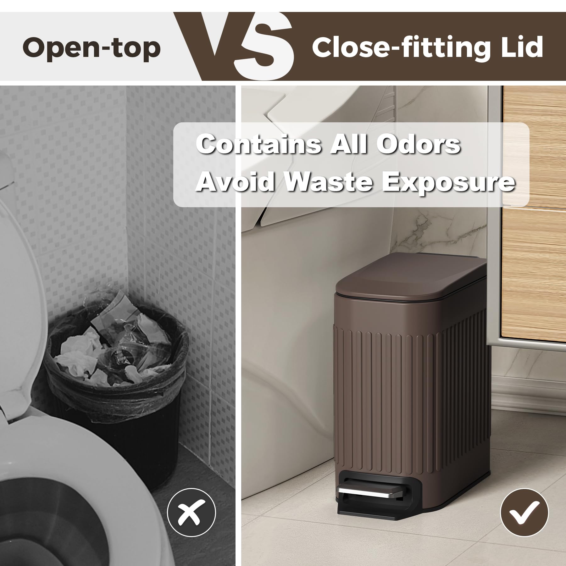 TrashAid Bote de basura delgado para baño con tapa de cierre suave, cubo de basura pequeño de acero inoxidable de 6 litros con cubo interior extraíble, pedal de paso, papelera delgada para inodoro
