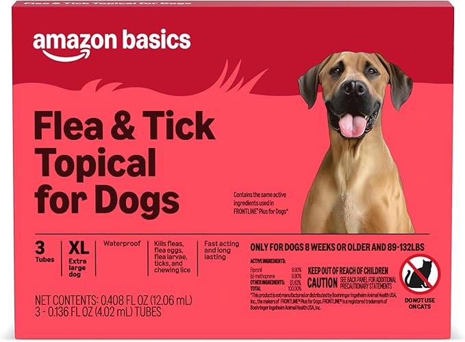 Amazon Basics Preventative Flea and Tick Topical Treatment for Dogs, X-Large (89-132 lbs), Fast Acting and Long Lasting, 3 Counts, Packaging May Vary