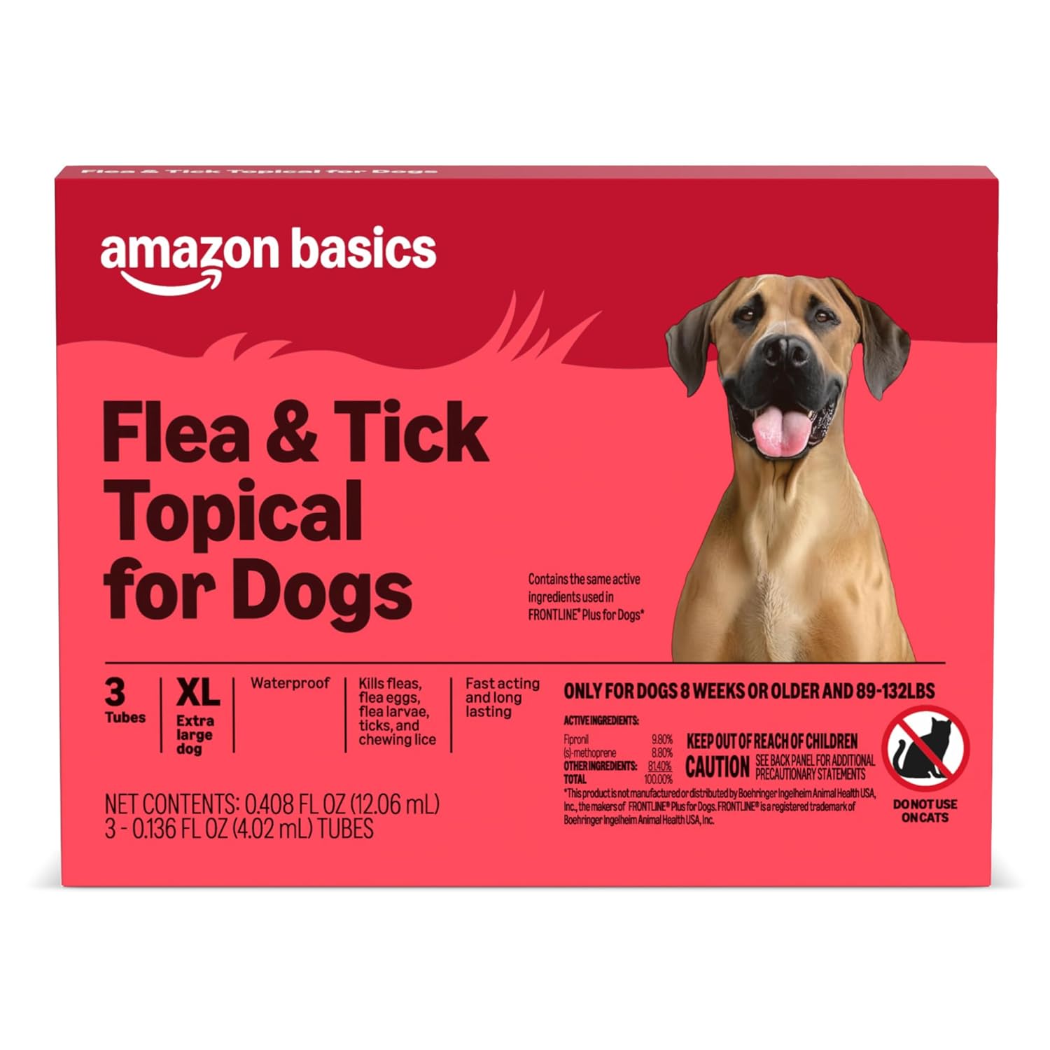 Amazon Basics Flea and Tick Topical Treatment and Prevention for Extra Large Dogs (89-132 lbs), Fast Acting and Long Lasting, 3 Count, Packaging May Vary