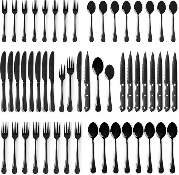 Astercook Silverware Set 48-Piece Black Flatware Set with Steak Knives Food-Grade Stainless Steel Cutlery Set for 8 Mirror Polished Utensils Set Include Spoons and Forks for Home Kitchen Res