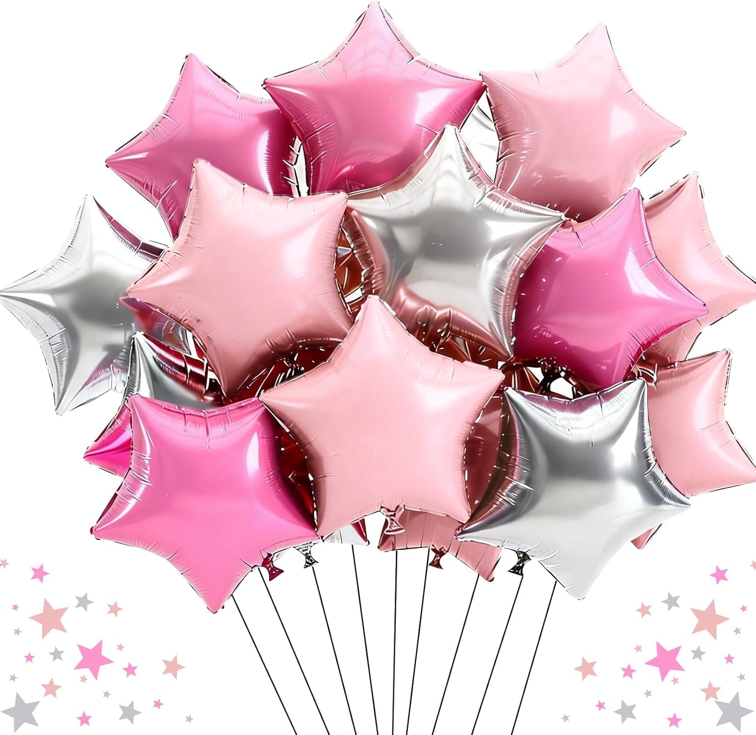 DecoGlee 15Pcs 18 Inch Large Silver Pink Star Shape Foil Balloons Big Stars Helium Mylar Ballons for Birthday Wedding Bridal Shower Anniversary Engagement Party Decorations Supplies