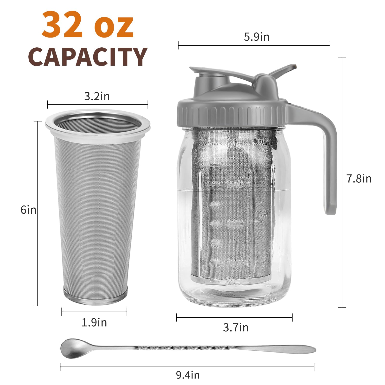 Kaltgebrüh-Kaffeemaschine mit grauer Abdeckung, 800 ml Glaskaraffe mit Edelstahlfilter, luftdichter Deckel