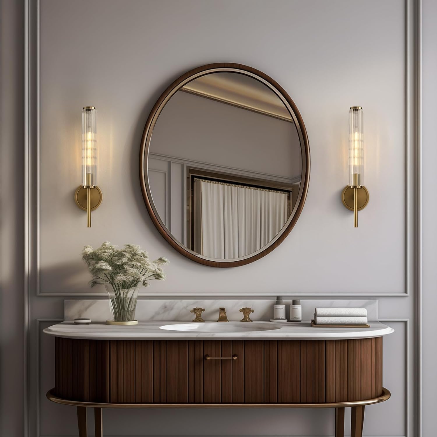 18.9" Solid Brass Wall Sconce with Ribbed Groove Glass Tube - Gold Wall lamp Includes Bulbs - Modern Brushed Copper Wall Sconces for Bathroom, Living Room, Hallway, Staircase, Mirror