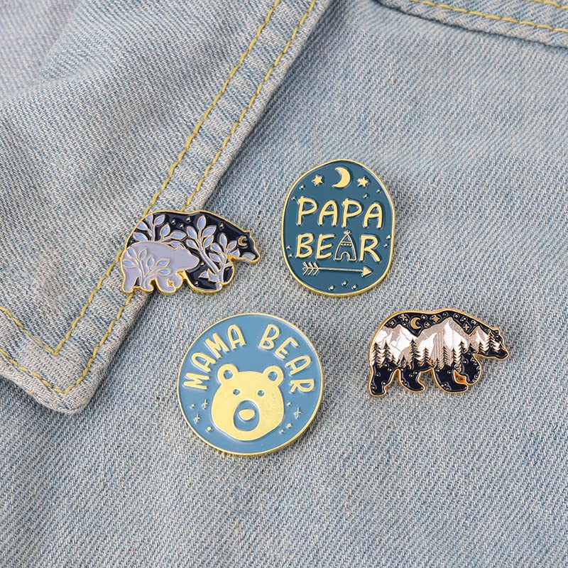 Image of Cartoon Big Brown Bear Enamel Lapel Pin With Snow Mountain Night Scene Pattern Badge Collar Brooch