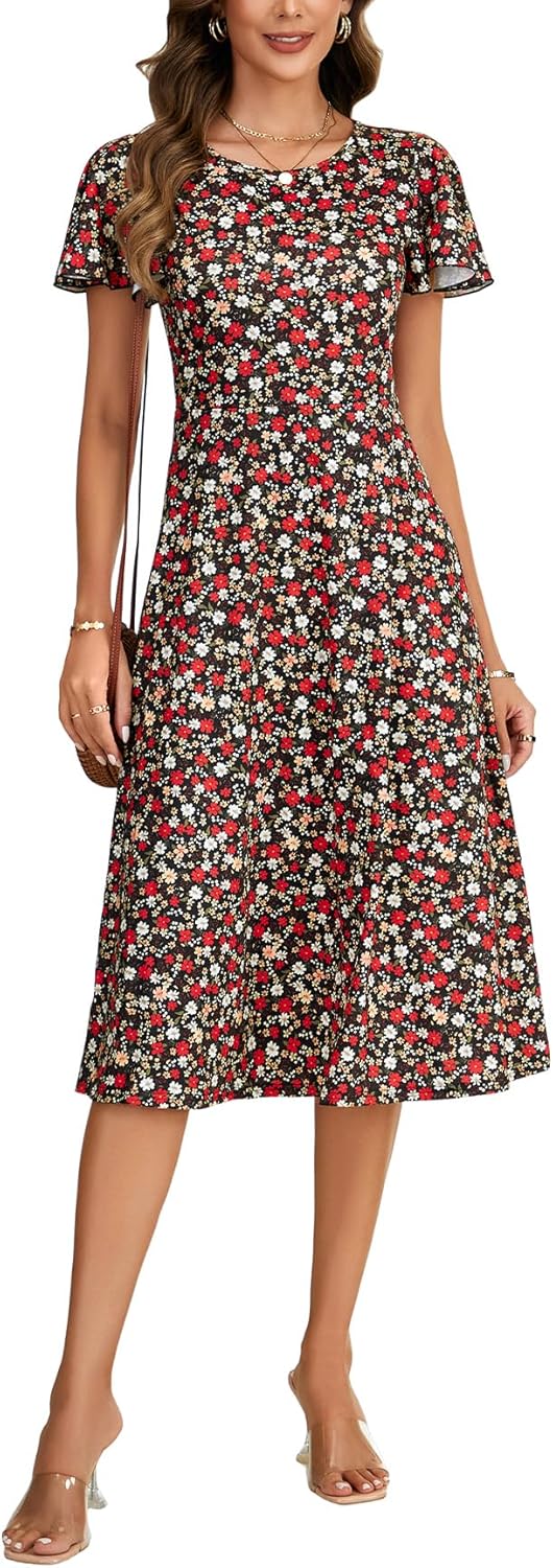 Rooscier Women's Floral Flounce Sleeve Round Neck A Line Flare Casual Midi Dress - Image 3