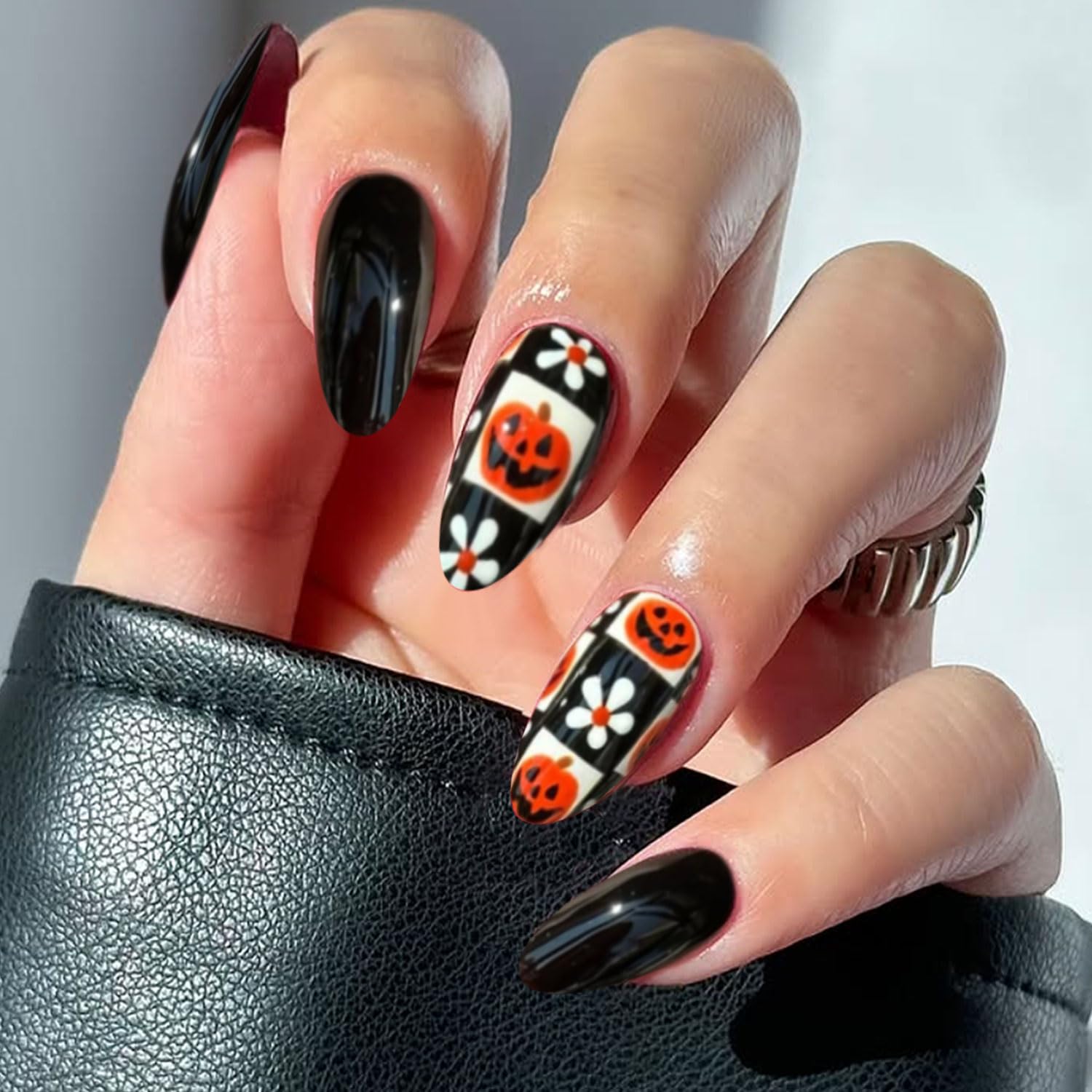 JMEOWIO Gel Nail Stickers Halloween Pumpkin Flower Semi Cured Gel Nail Strips Wraps UV/LED Nails Art Design Decoration Accessories