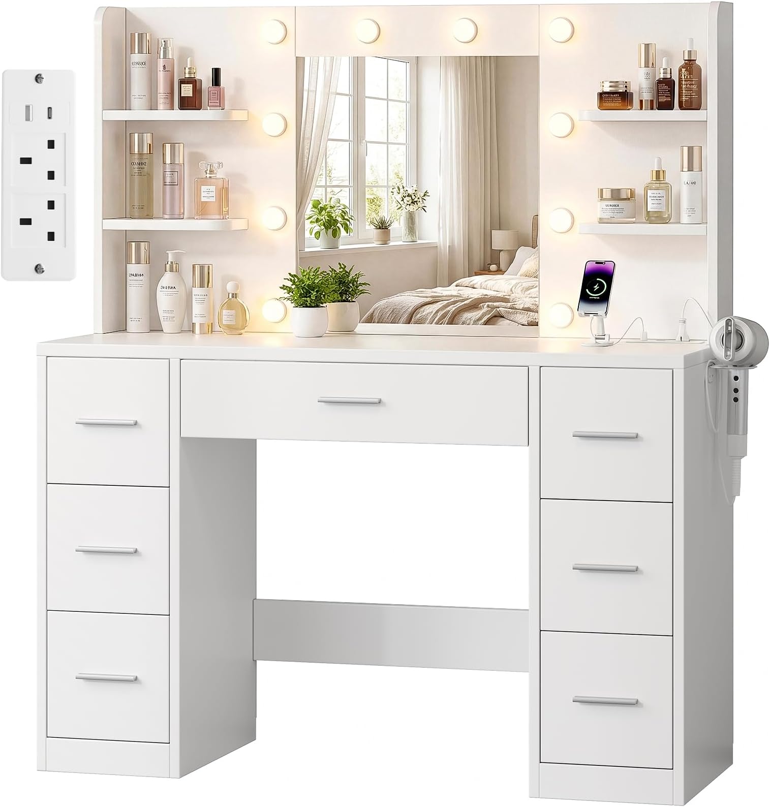 Devoko Dressing Table with Mirror,LED Lights and Power Outlet,Adjustable Brightness,Vanity Desk with 7 Drawers and 6 Open Shelves,Modern Makeup Desk for Bedroom Dressing Room (Modern White)