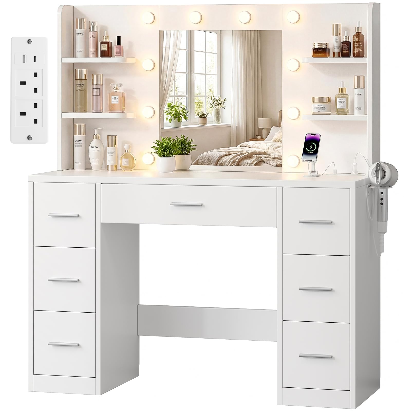 Devoko Dressing Table with Mirror,LED Lights and Power Outlet,Adjustable Brightness,Vanity Desk with 7 Drawers and 6 Open Shelves,Modern Makeup Desk for Bedroom Dressing Room (Modern White)