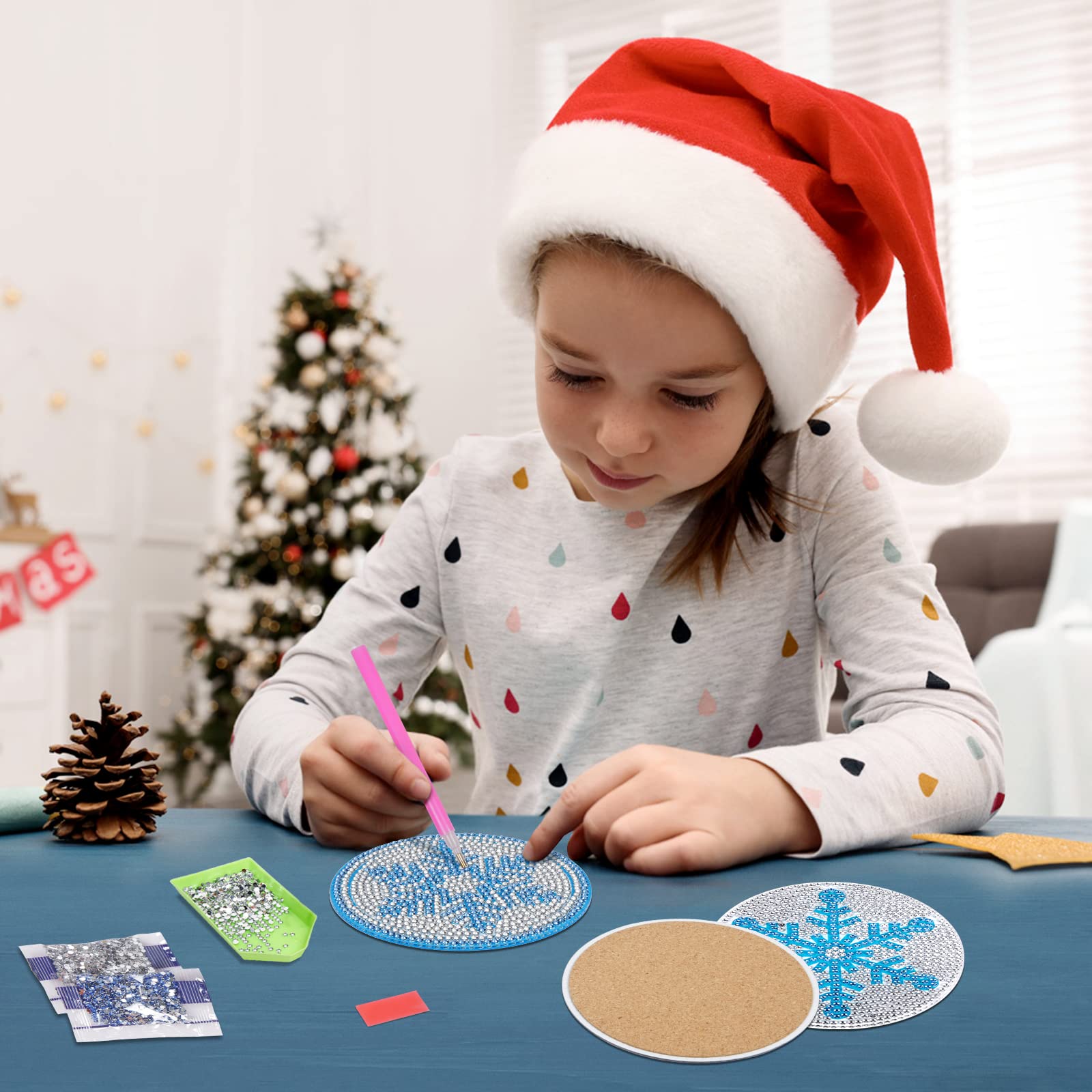 Schneeflocken Diamond Painting Untersetzer – 6 Stück DIY Coasters Mit Halter, Für Tassen & Gläser