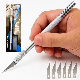 Estilete de Precisão Profissional TE-10, 145mm, Cabo em Alumínio Texturizado, Kit com 5 Lâminas para Artesanato e Modelismo, Entrega Imediata