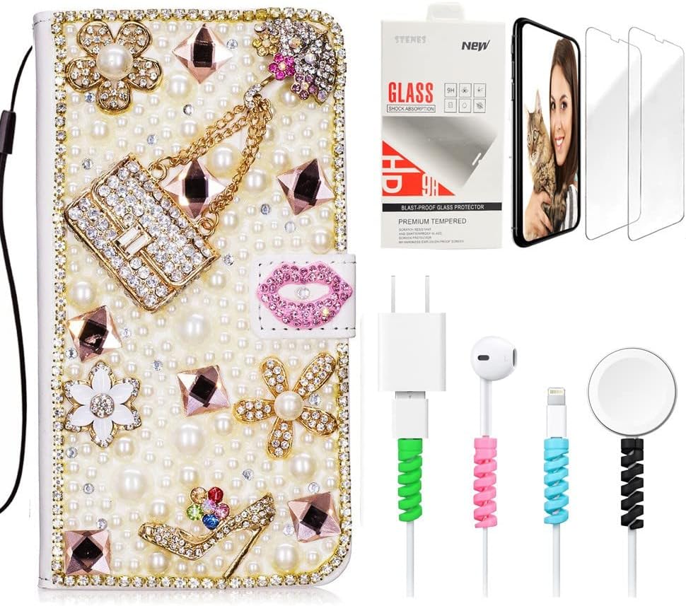 STENES Bling Wallet Phone Case Compatible with Samsung Galaxy Note 8 - Stylish - 3D Handmade Girls Bags High Heel Lips Flowers Leather Cover with Screen Protector & Cable Protector - Pink