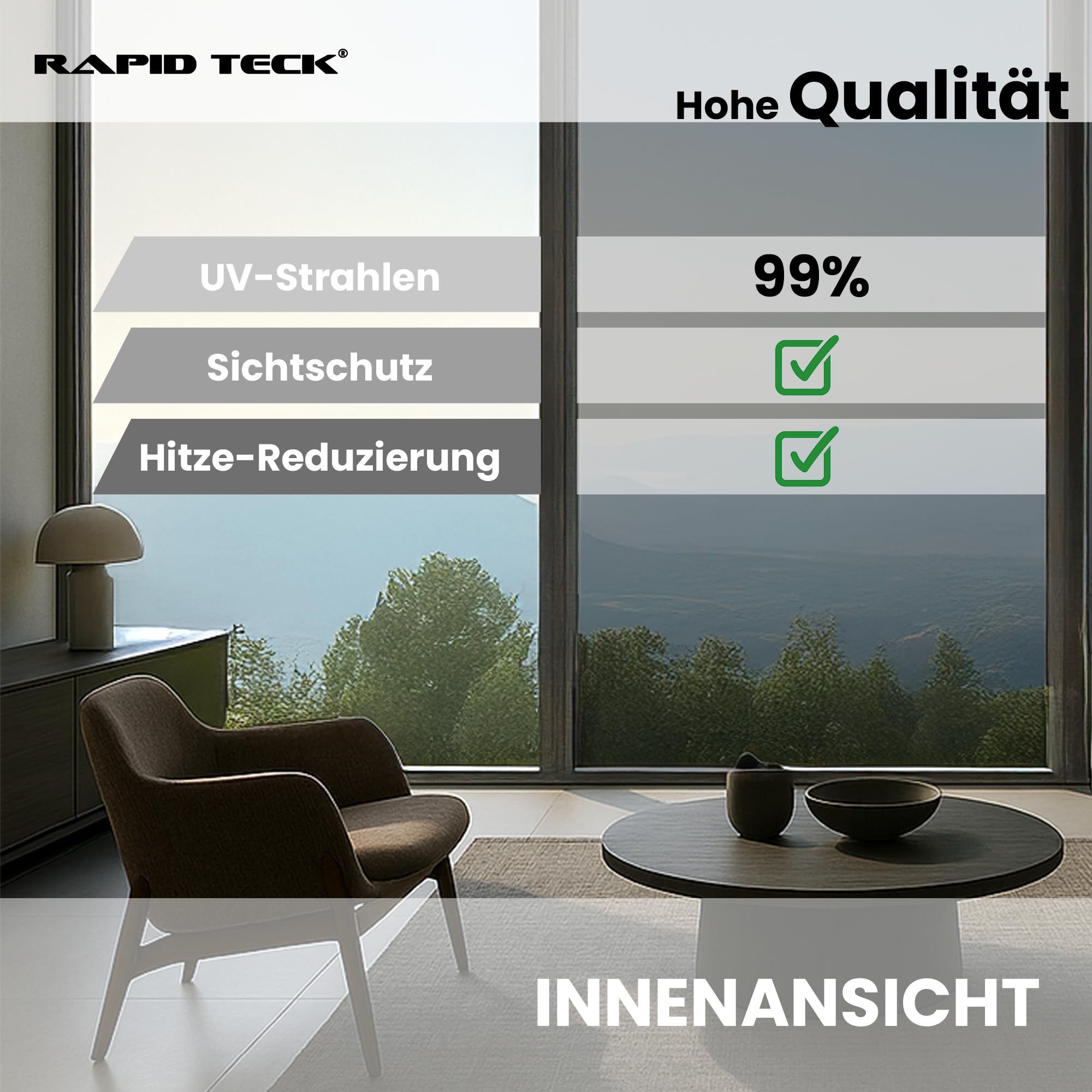 Rapid Teck Fensterfolie Sonnenschutz - 200cm x 152cm - Starke Verspiegelung - Hitzeschutzfolie Fenster 99% UV-Schutz - Spiegelfolie Fenster Sichtschutz - Sonnenschutzfolie Fenster außen
