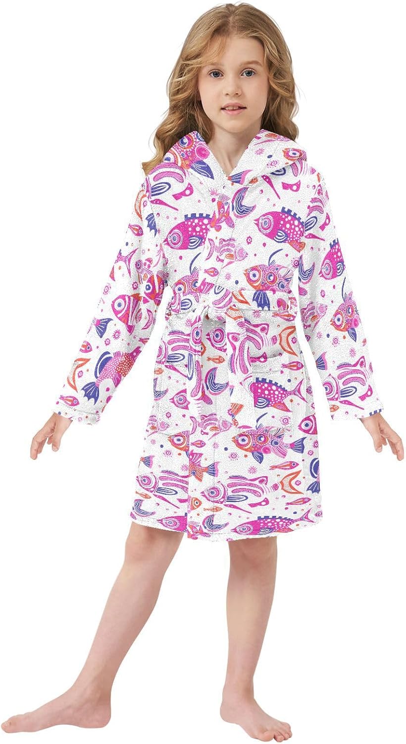 senya Pink Indian Fish Toddler Hooded Bathrobe Kids Soft Plush Bath Towel Robes for Boys Girls 2-12 Years