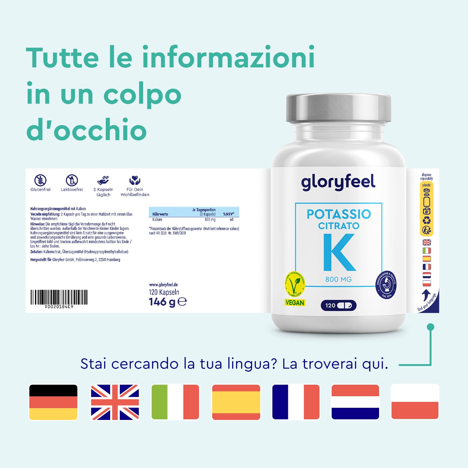 Potassio 120 Capsule (2 Mesi) - 800mg Potassio Elementare (Citrato) alto Dosaggio - Per Pressione Sanguigna, Funzione Muscolare e Sistema Nervoso* - Vegano, Testato in Laboratorio e senza Additivi
