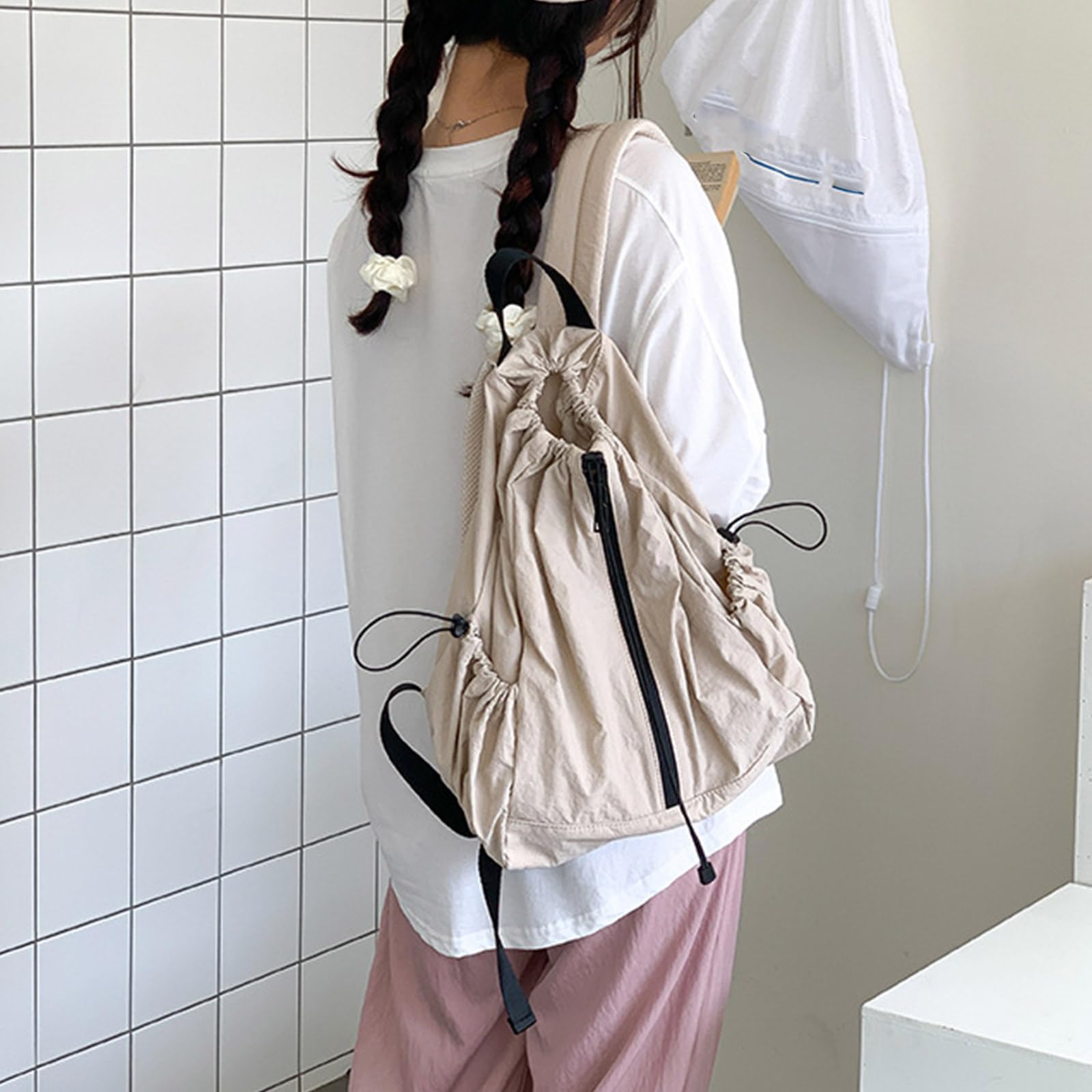 Zaino da viaggio da donna, zaino scolastico per studenti, con coulisse, grande capacità, casual, per lavoro, increspato, con coulisse, borsa da scuola di grande capacità