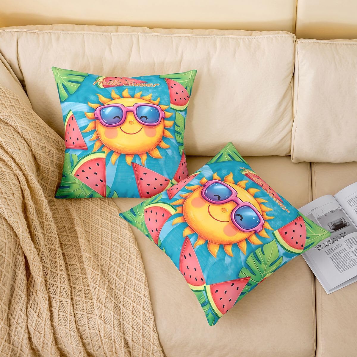 Homewish Cartoon Cute Sun Throw Pillow Cover Watermelon Tropical Plant Double Sides Pillow Case for Kids Boys Girls Room Decor,Groovy Summer Cushion Cover for Bed Couch Sofa,Red Yellow 1 Pack 16"x16" image 2