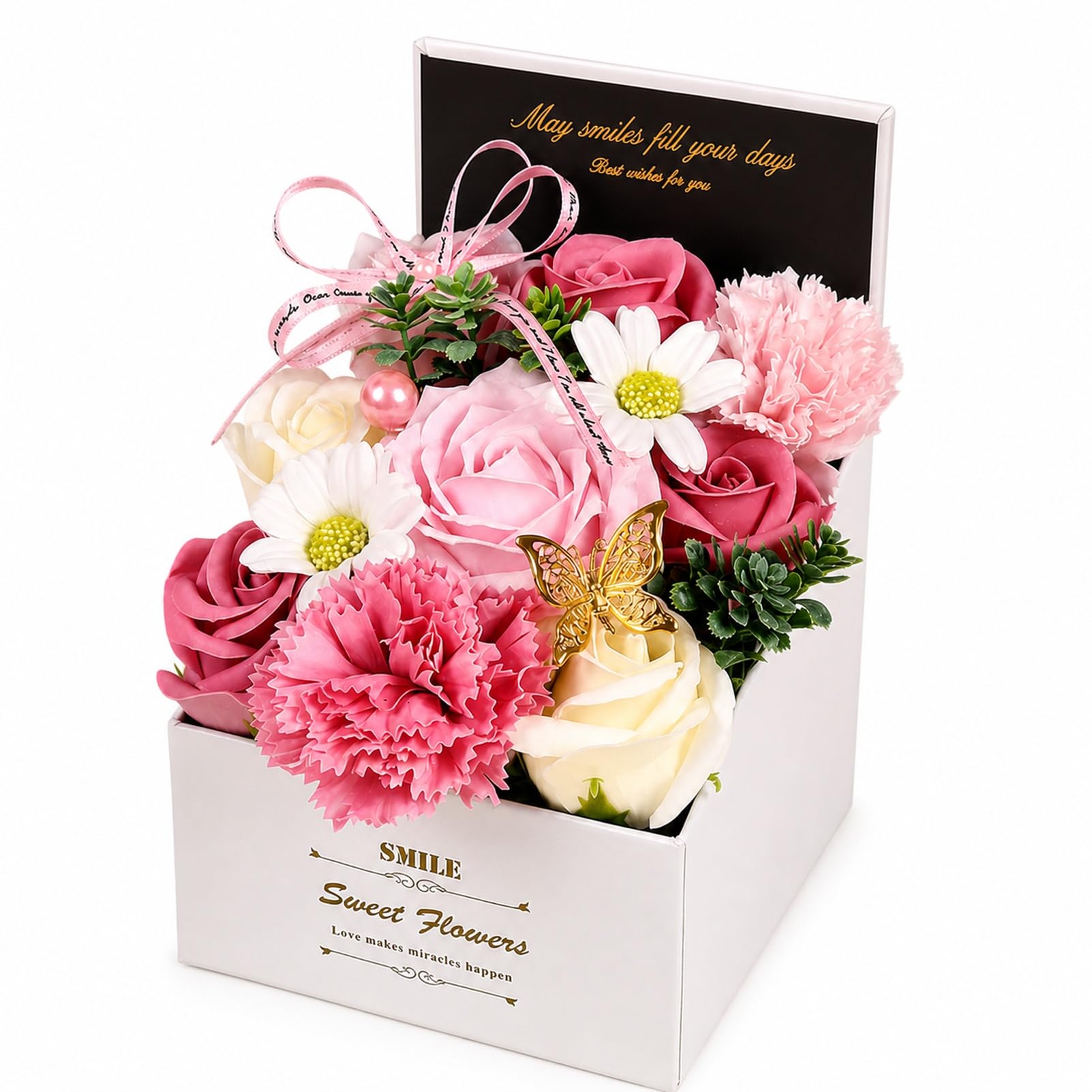 BOBPPOP 1 Piece Elegant Pink Square Flower Box with Artificial Soap Roses, Basket Stuffers, Decorative Floral Soap Set for Women, Home Decor