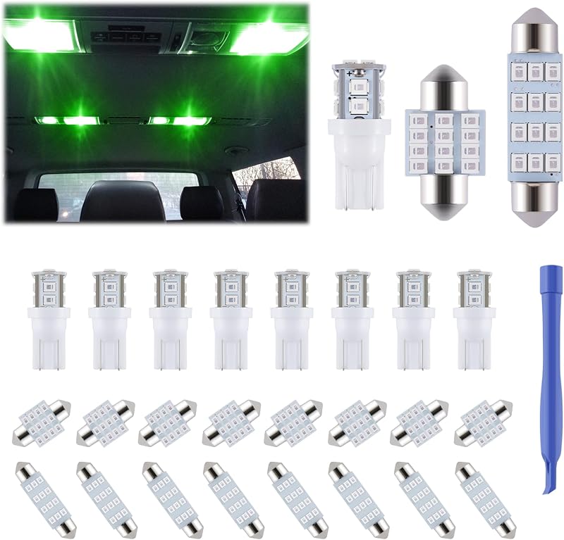 Kit de lâmpadas LED verdes para interior automotivo iFunyLED T10/194, DE3175 e 578 – 24 unidades + espátula