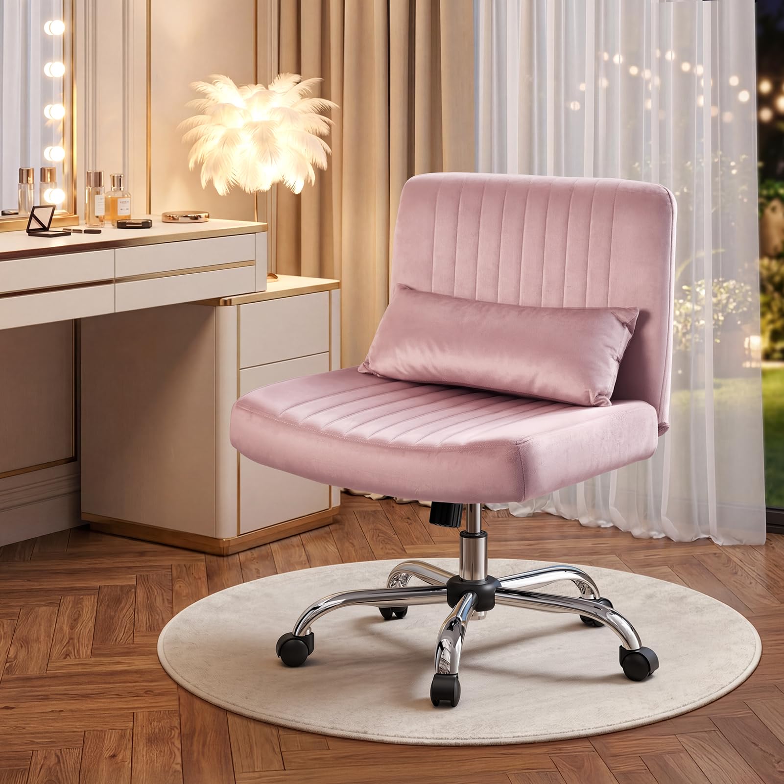 Warmiehomy Criss Cross Legged Velvet Office Chair for Home, Armless Desk Chair with Wheels, Height Adjustable Swivel Vanity Chair with Wide Seat and Lumbar Pillow for Bedroom and Home Office, Pink — image 1