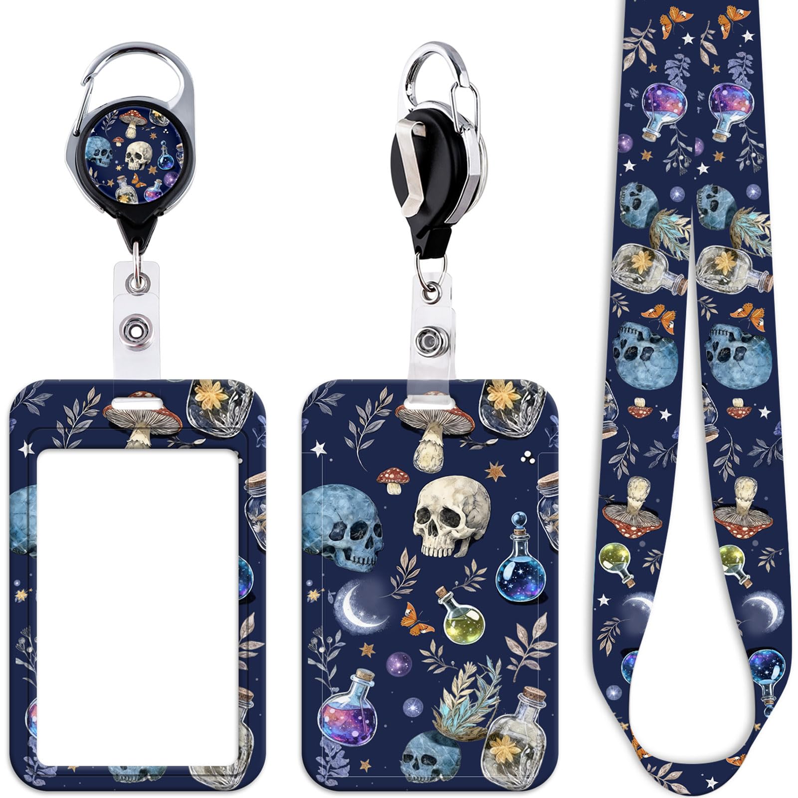 Cool Skull Badge Reel with Purple ID Card Holder Lanyard Goth Keychain Heavy Duty Retractable Badge Holder Reel Clip for Office Hospital Staff & School ID Kids Lanyard ID Holder for Keys Name Tag — image 1