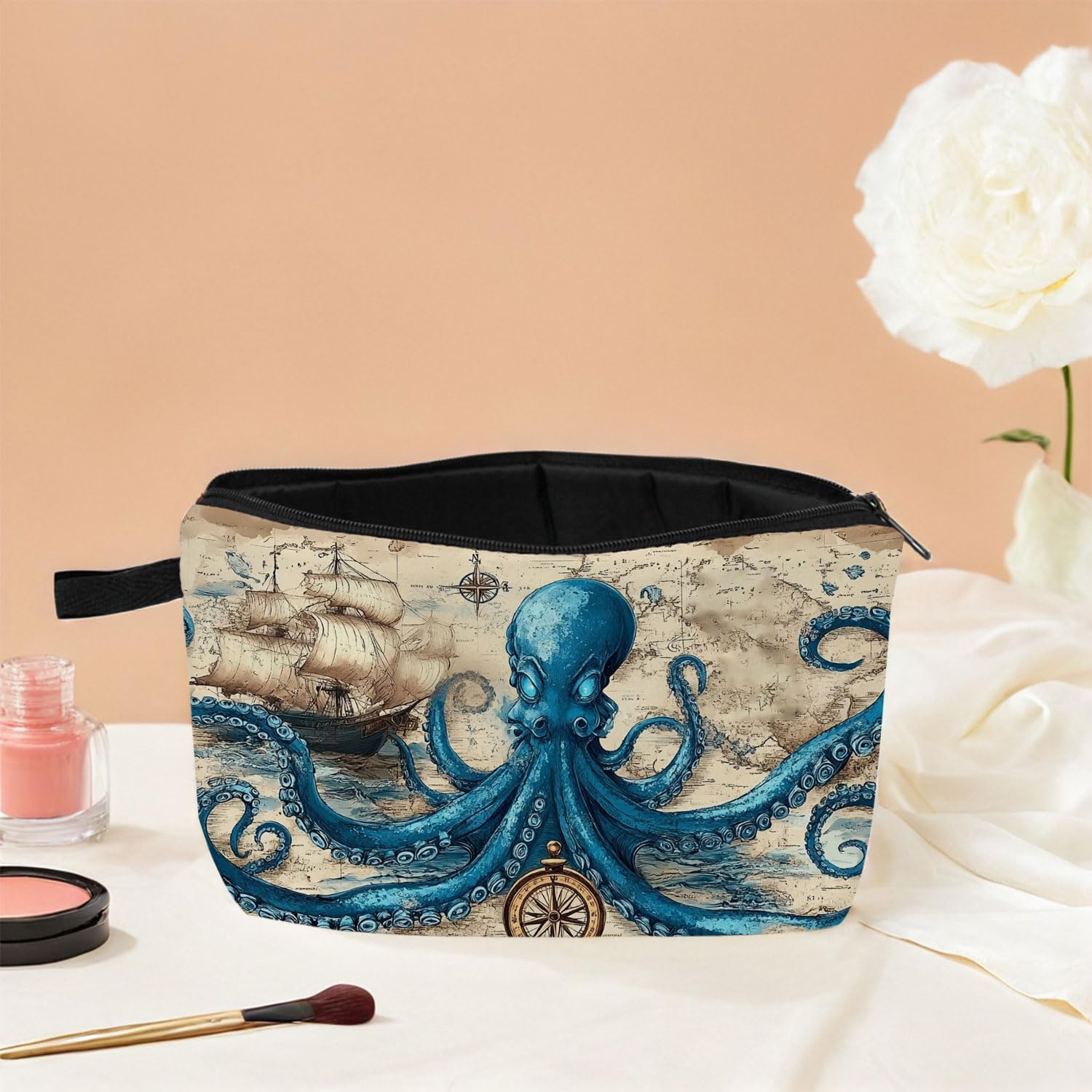 Retro Octopus Lover Gift Cosmetic Makeup Bag Cute Small Organizer Storage Toiletry Bag Purse Makeup Zipper Pouch Bag For Octopus Fans Women Sisters Best Friends Present - Image 5