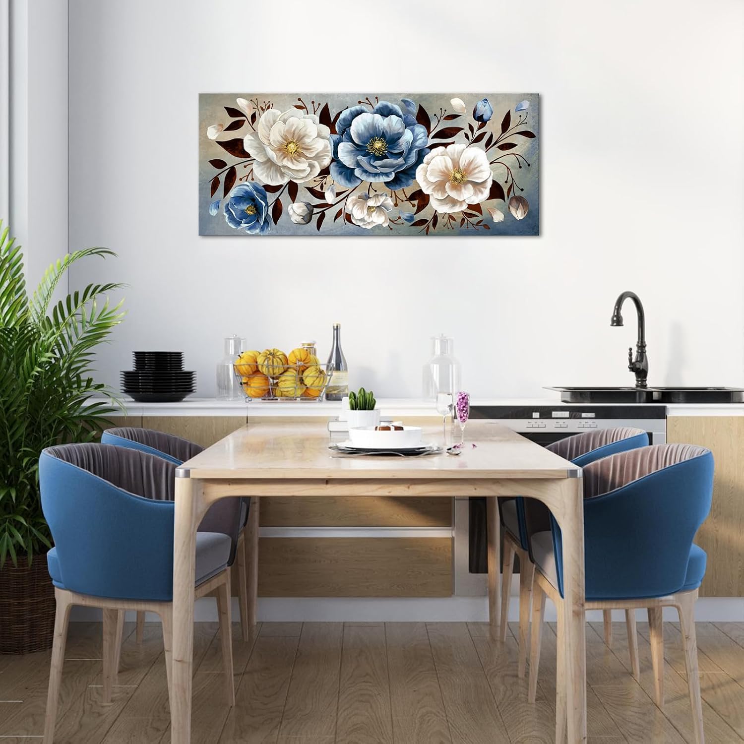 VANSEEING Vintage Flower Wall Art for Living Room Canvas Prints Navy Blue Beige Floral Picture Aesthetic Botanical Artwork Large Wall Decor for Bedroom Dining Room Home 20"x48"