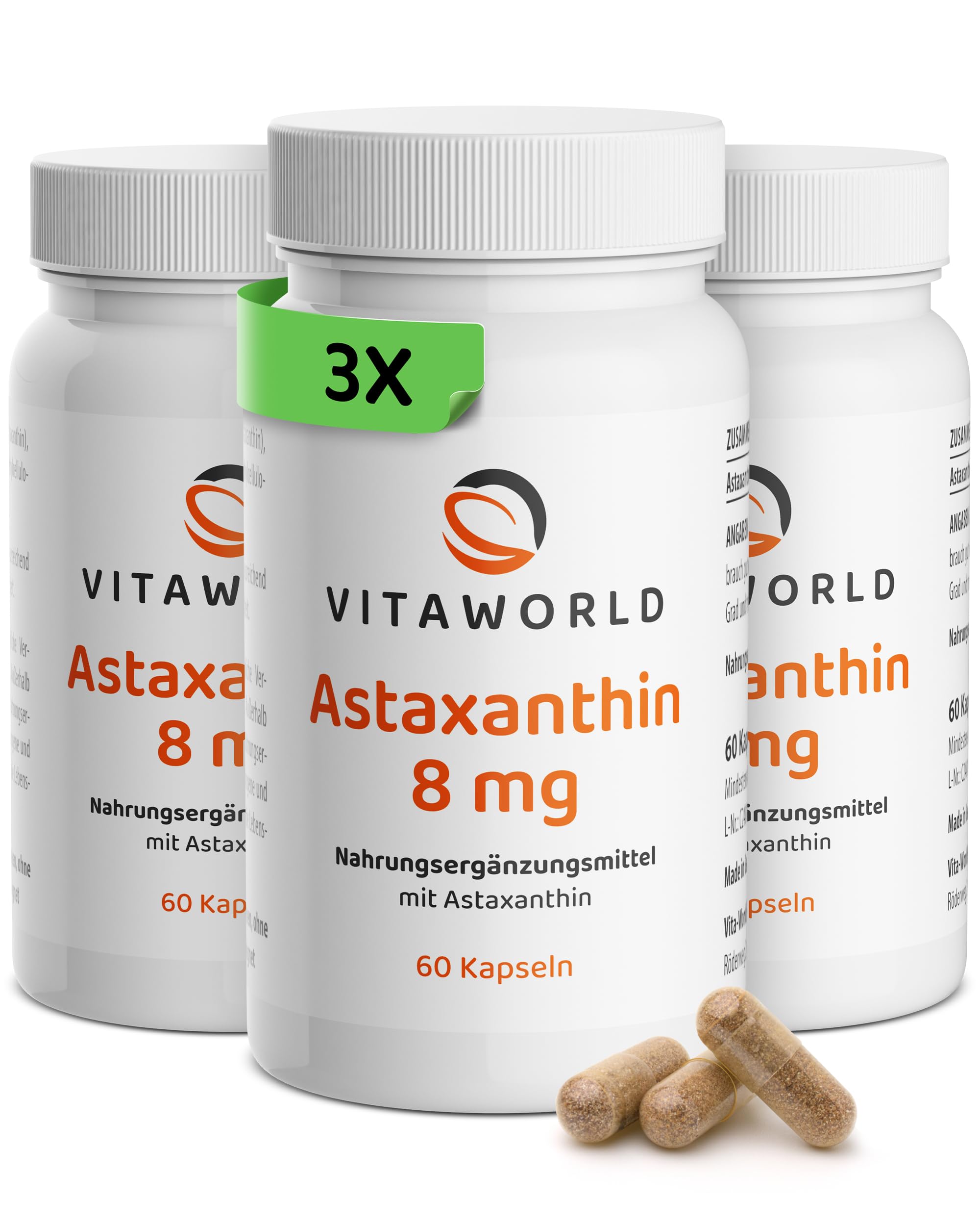 vitaworld Astaxanthin Kapseln 3 Dosen hochdosiert 8mg | 180 vegetarische Kapseln, Haematococcus pluvialis Alge, natürlicher Komplex, Zellschutz, ohne Zusätze