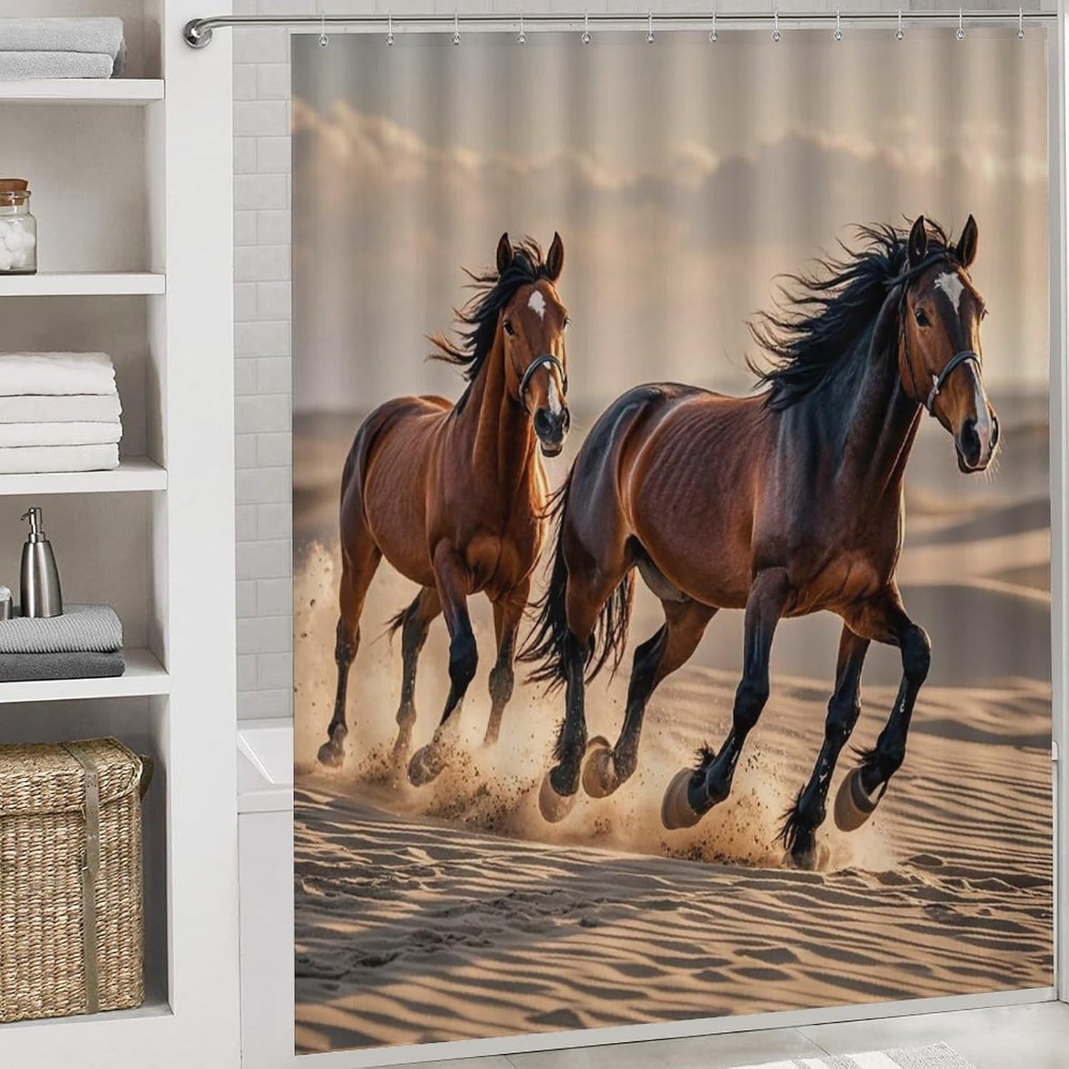 4 Piece Bathroom Rug Set with Shower Curtain, Non-Slip Bath Mat Toilet Cover Set, Horses Running in The Sand Bathroom Rug Sets