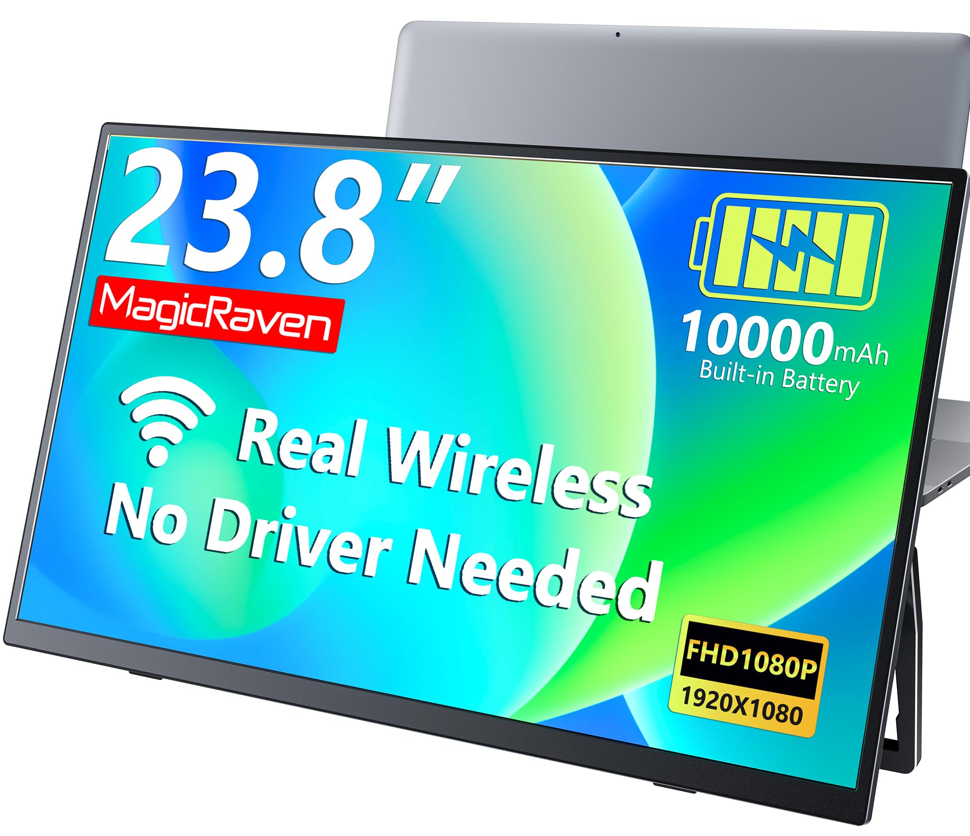MAGICRAVEN Wireless Portable Monitor for Laptop, 23.8" Portable Monitor with Battery-1080P FHD Second Screen for Home &amp; Office, AirPlay &amp; Miracast Casting, No Cables or Drivers Needed