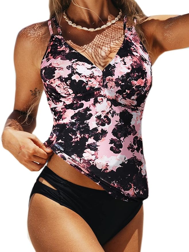 BIKINX Tankini Bathing Suits for Women Two Pieces Tummy Control Swimsuit Plus Size Swimwear V Neck Swim Top