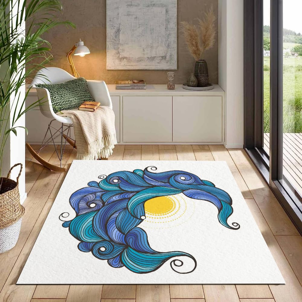 Tapis de Salon 100x150cm Vagues De Kanagawa Velours Cristal Doux Tapis Japon 3D Motif Tapis Chambre d'enfants Canapé Tapis avec Dos en Caoutchouc Antidérapant Carpettes