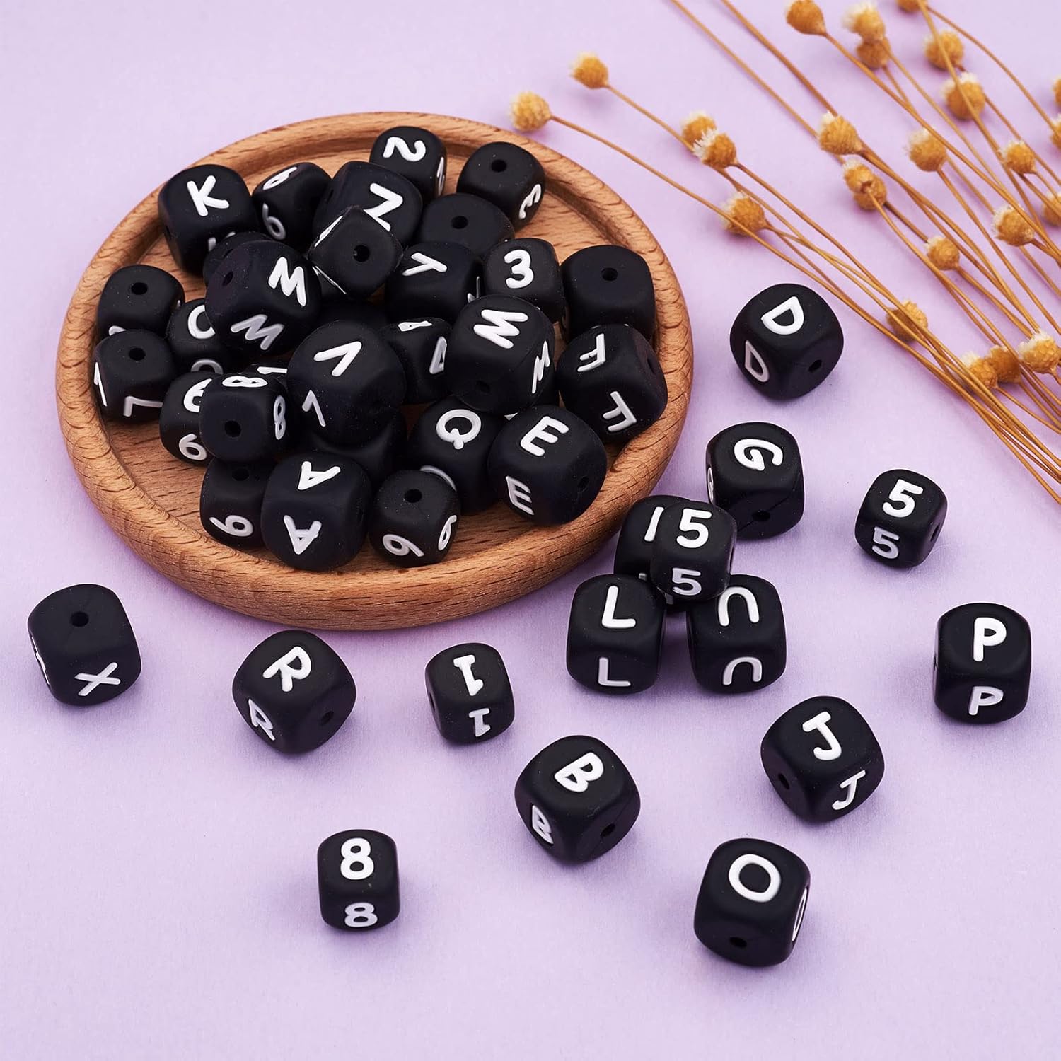 Crafans 100Pcs 12mm Silicone Cube Letter Beads Black English Alphabet I Letter I Vowel Loose Spacer Beads Initial Cube Dice Beads for Jewelry Making