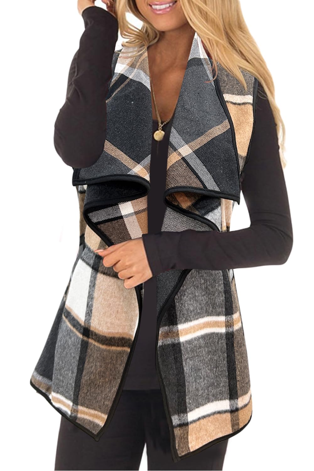 YACUN Plaid Lapel Vest: Open Front Sleeveless Cardigan Outerwear with Pockets