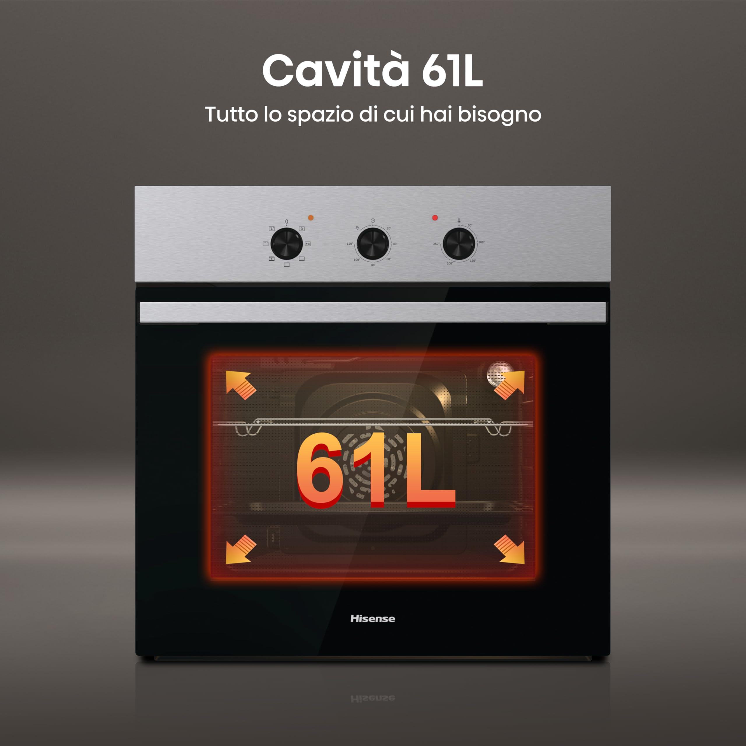 Hisense BI62120AX - Forno multifunzione, 3 manopole Push Pull, cavità 61l, 7 funzioni, AcquaClean, 2 vetri, funzione pizza 250°, classe A