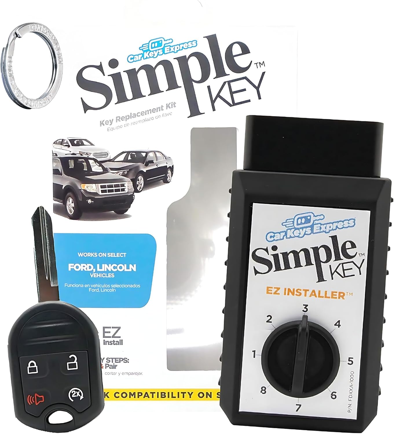 Simple Key Car Key Replacement Key Fob for Select Ford and Lincoln Vehicles (4 Button Key: Remote Start, Lock, Unlock, Panic, 1 Key, 1 Key Ring & Simple Key EZ Installer)