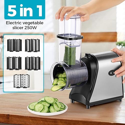 Miniatura 2 de Rallador eléctrico de queso de 250 W, rallador 5 en 1 para rebanar, triturar, rallar con 5 cuchillas sin BPA, cortador de verduras con control de un