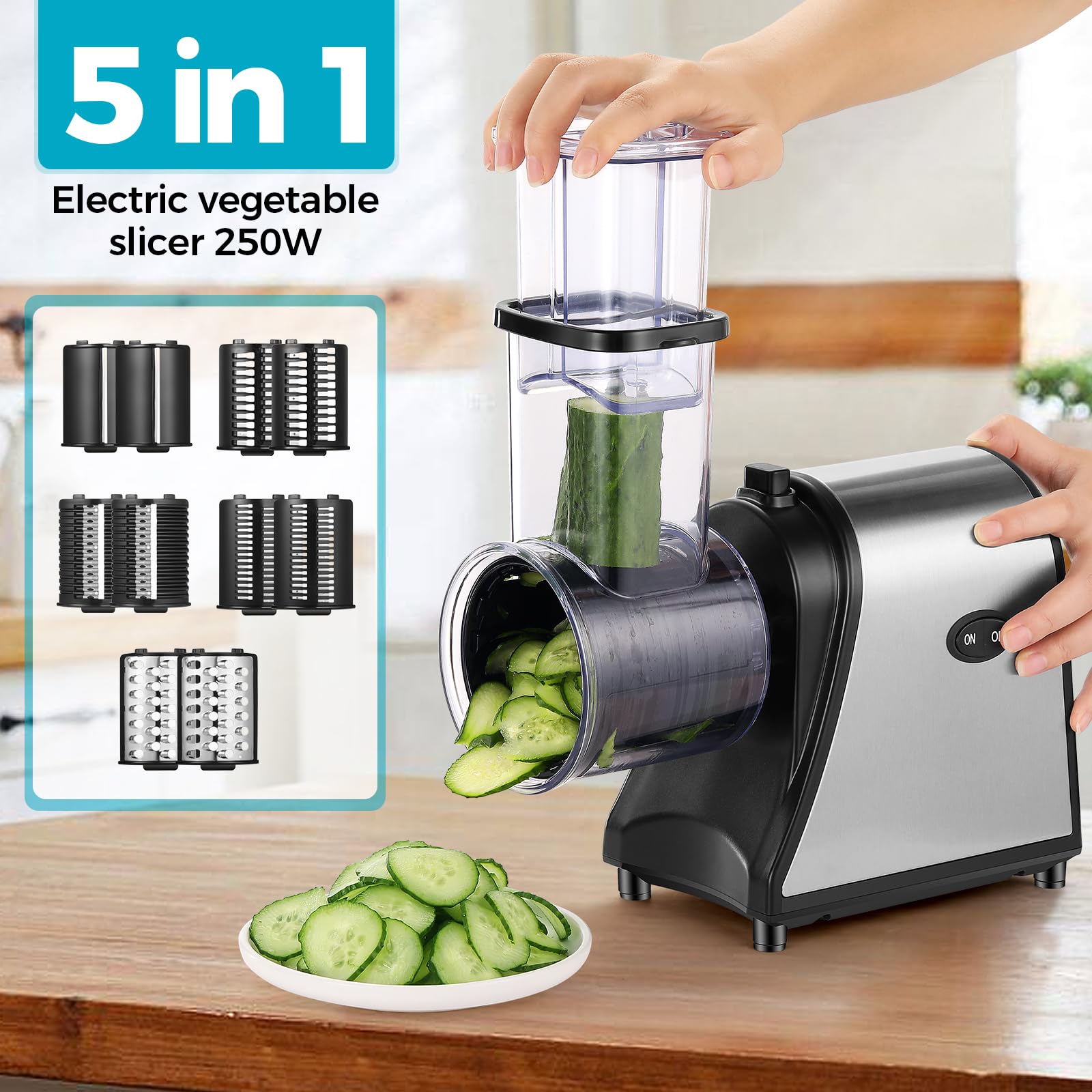 Rallador de verduras eléctrico profesional de 250 W, 5 en 1, de acero inoxidable, con 5 cuchillas y gran ranura de llenado para frutas, verduras, queso y uso diario