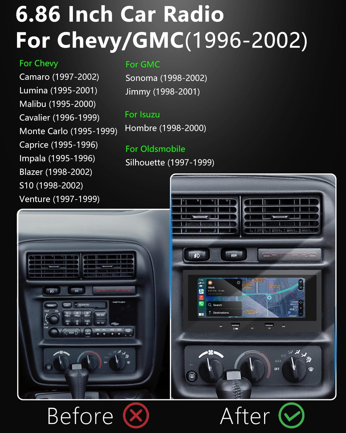 Car Radio [2G+64G] for Chevy Camaro Blazer S10 Cavalier Malibu Venture/GMC Jimmy Sonoma (1996-2002) with Wireless Android Auto/CarPlay, Car Stereo with FM/AHD Camera/Mic/GPS/USB Port/App Store