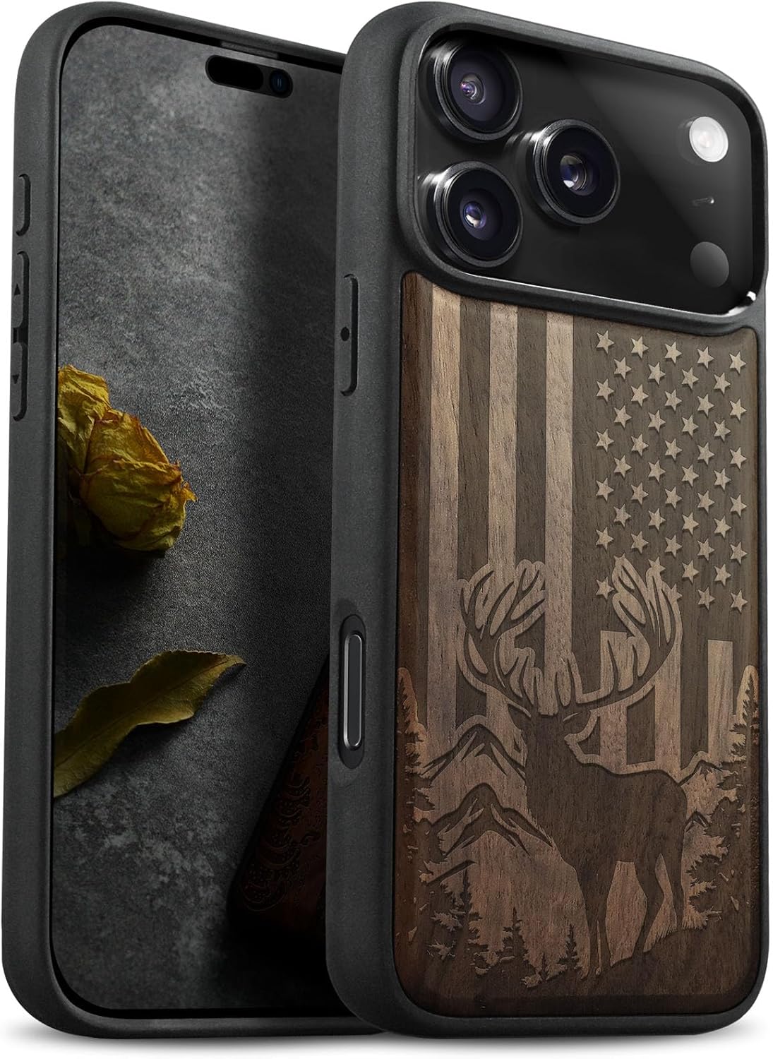 Carveit Magnetic Wooden Case for iPhone 17 Pro Case, Wood Artisan Engraved & Black Soft TPU Shockproof Cover, Compatible with MagSafe Wireless Chargers (Patriotic Elk Majesty) Walnut