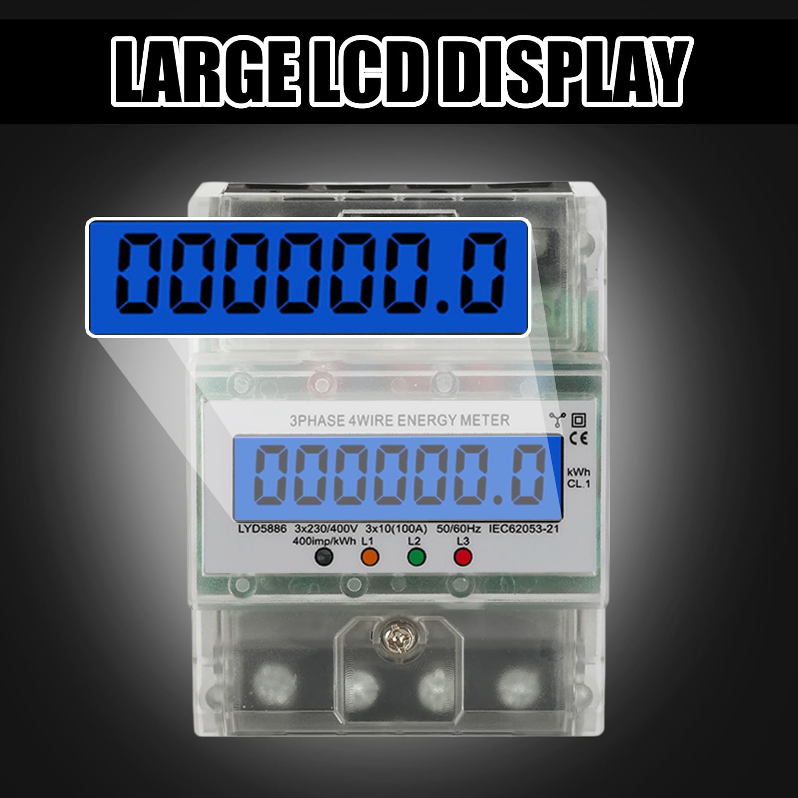 BAIFULAI Licznik prądu 3-fazowy 4-przewodowy, licznik prądu trójfazowego 3x 230/400V 10(100) A, LCD cyfrowy licznik prądu międzylicznik prądu na szynie do szyny DIN międzylicznik prądu, 50/60Hz