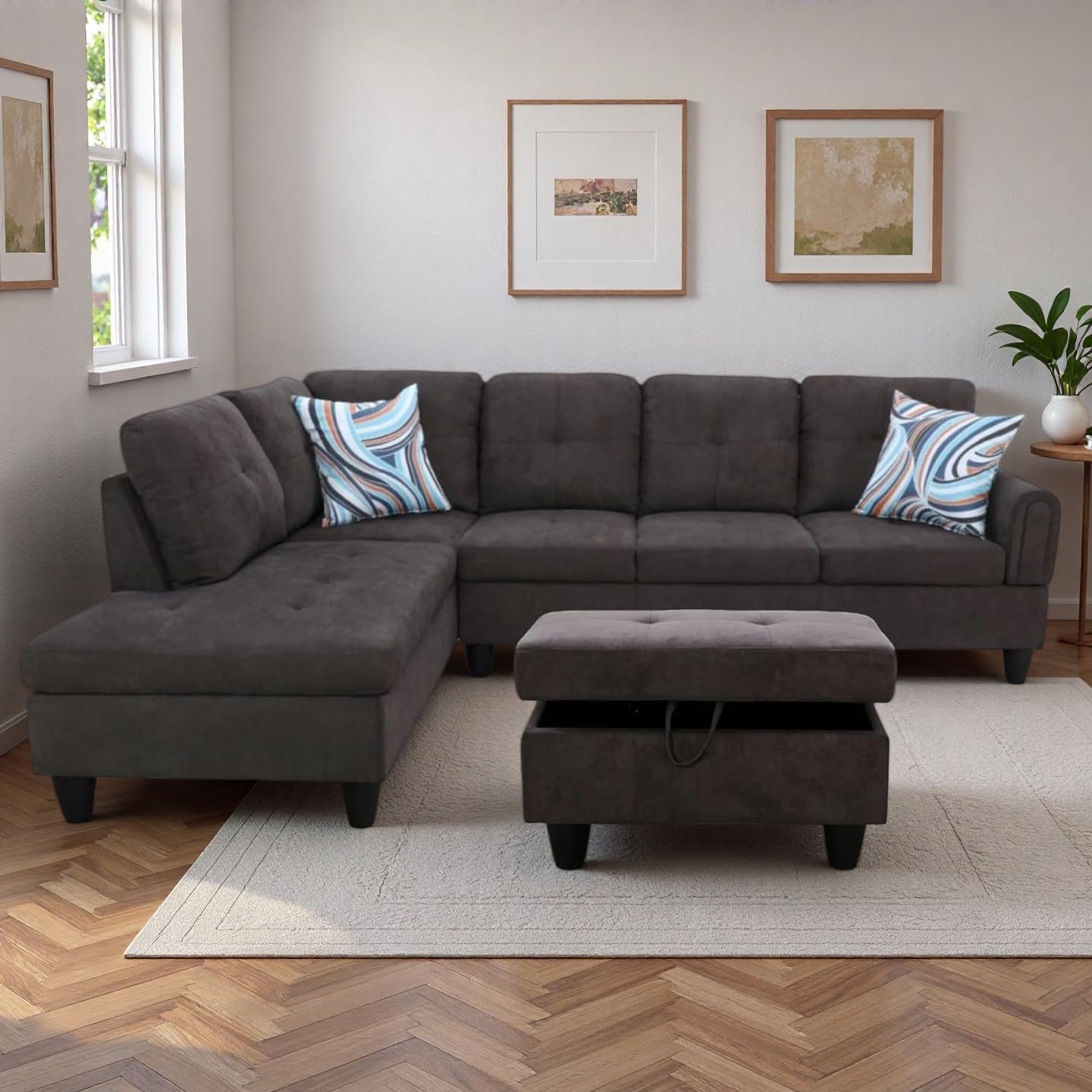 NicBex Modular L-Shaped Sectional Couches, 3-Piece Convertible Couch with Storage Ottoman, 4-Seat Comfy Sofa with Chaise for Living Room & Apartment, Dark Brown