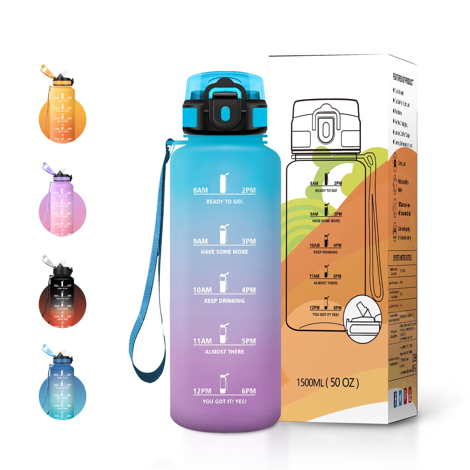 JAPORIA 1.5L Water Bottle with Straw and Time Markers, Reusable Water Bottle, BPA Free, Leak Proof, for Fitness, School, Office and Sports