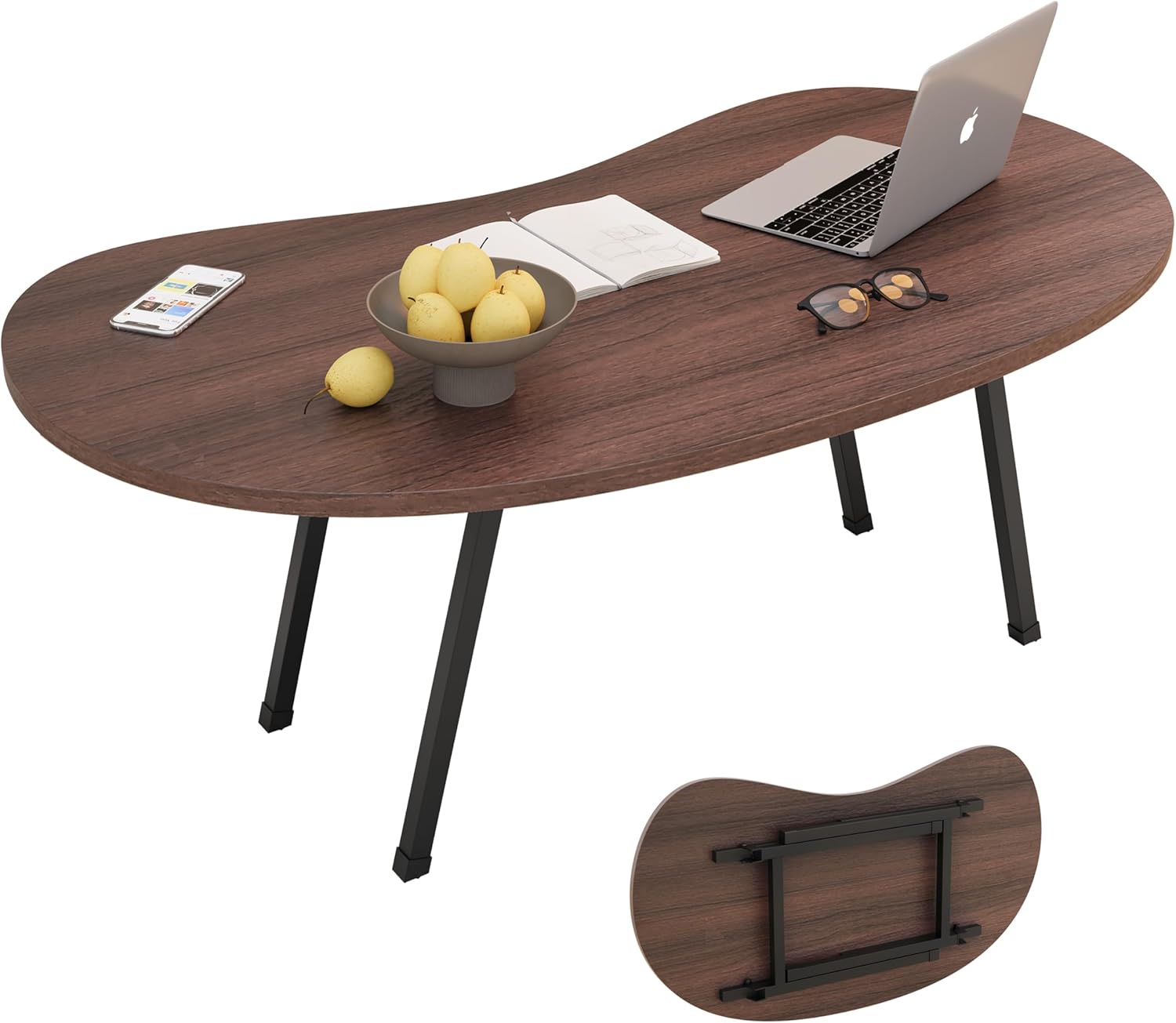 Folding Coffee Table,Mid Century Modern Coffee Table Irregular,Kidney Foldable Table,Small Farmhouse Coffee Tables Portable Table for Small Spaces,Living Room,Sofa,Bedroom Gallery,Easy Assembly,Walnut