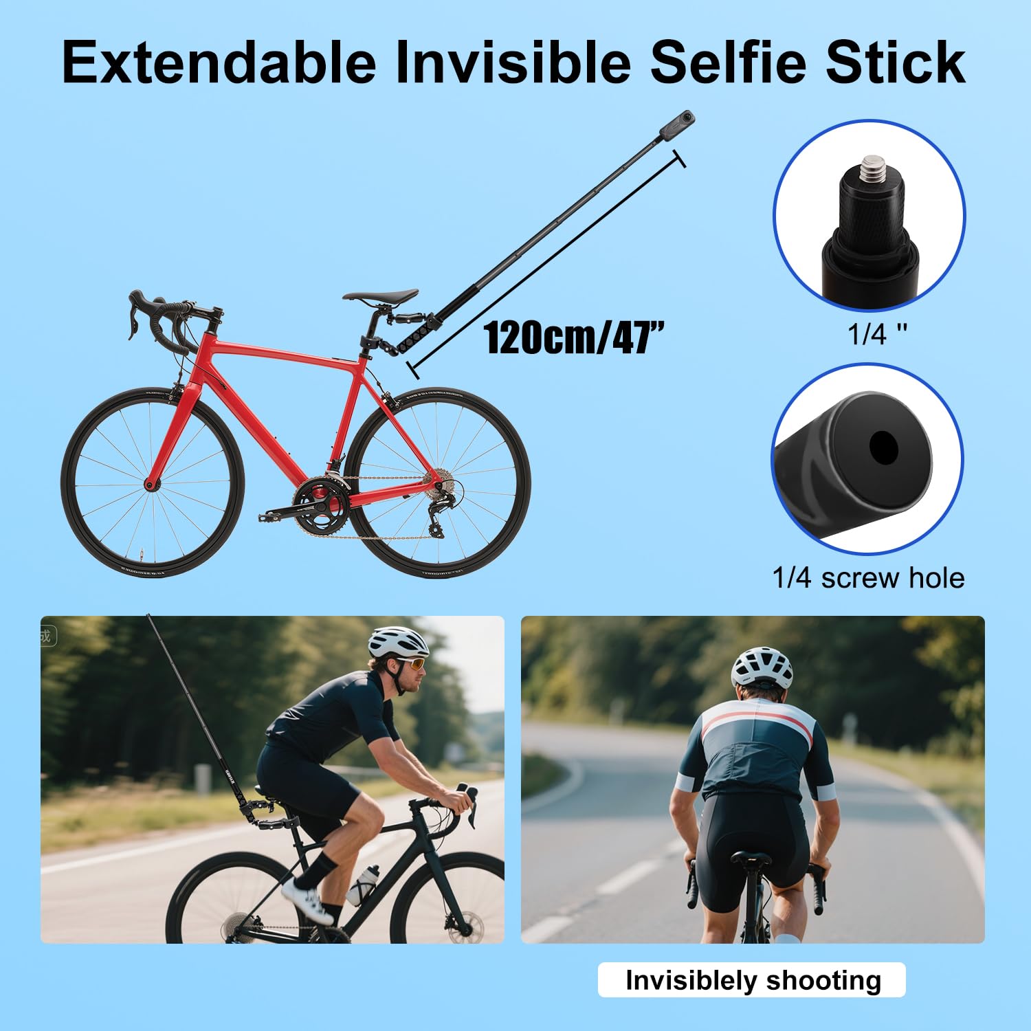Fahrrad Heck Halterung Kit mit 47''Unsichtbarer Selfie-Stick kompatibel mit Insta360 X5-X,Doppelte Fahrrad Lenker Klemme kompatibel mit DJI OSMO 360/Action 5 4 3 Radfahren Motorradfahren UTV Vloggen
