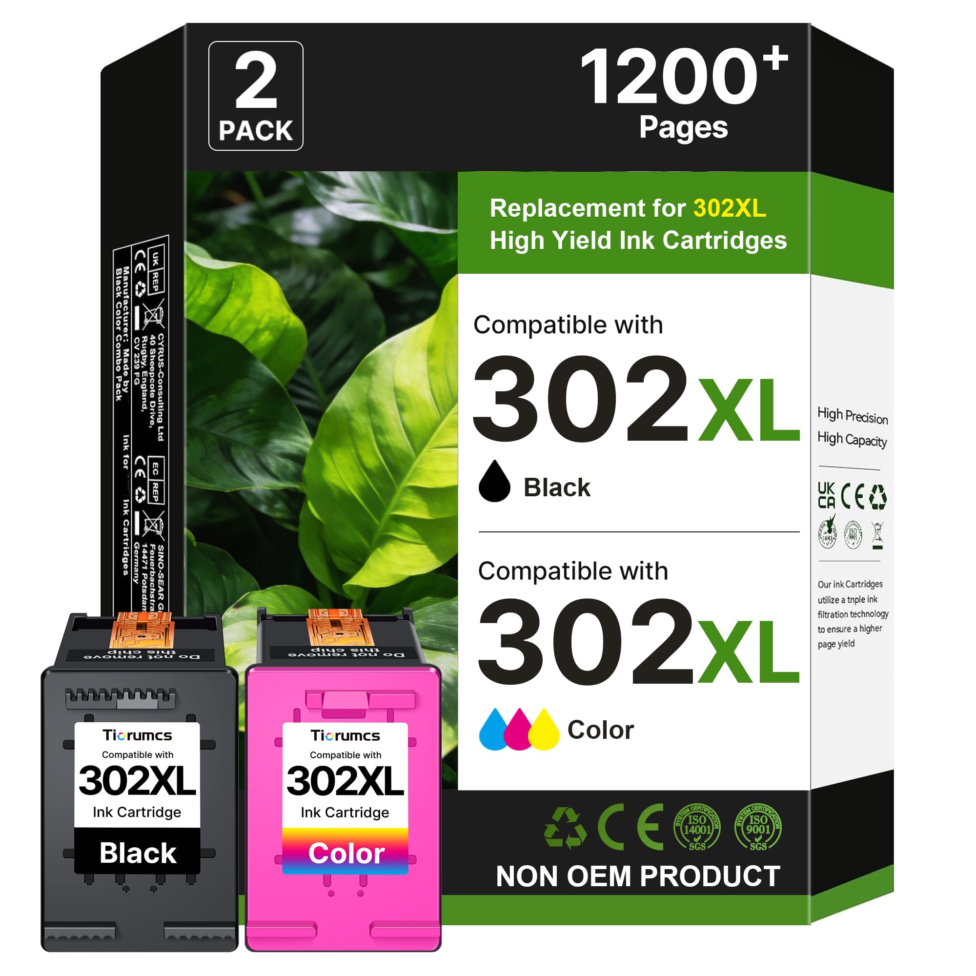 302 XL 302XL Cartuchos para Tinta HP 302 XL para HP Envy 4524 4520 (2-Pack) | Cartuchos de Tinta Remanufacturado para HP 302 XL para HP Deskjet 3639 2130 3630 Envy 4524 4520 OfficeJet 3833 3831(2-Pack)