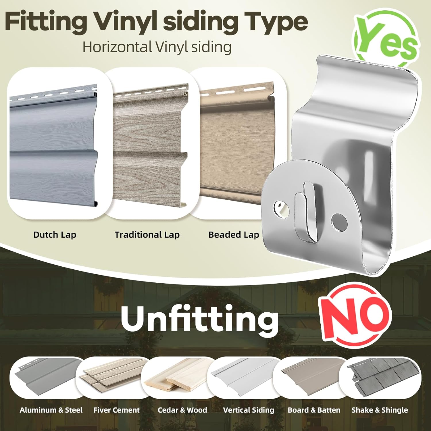 Vinyl Siding Hooks, 10-Pack Stainless Steel No Hole Vinyl Siding Clips, Holds up to 20lbs, Heavy Duty Siding Hooks for Hanging Outdoor, Double Clips for Wreaths, String Lights, Signs, Easter Decor