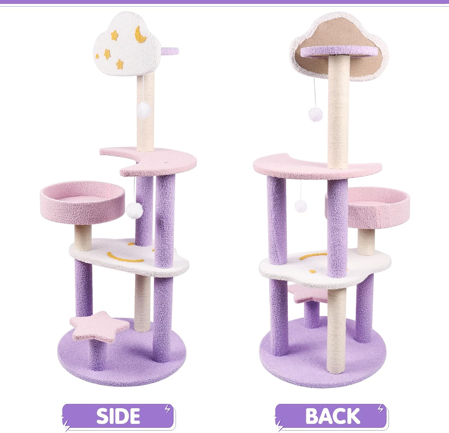 Lucky Monet 49.2 Inches Cute Cat Tree Tower with Sisal Scratching Posts, Multi-Level Cat Activity Tree Climbing Tower for Indoor Cats Kittens Pet House Play Rest (Purple+Pink)